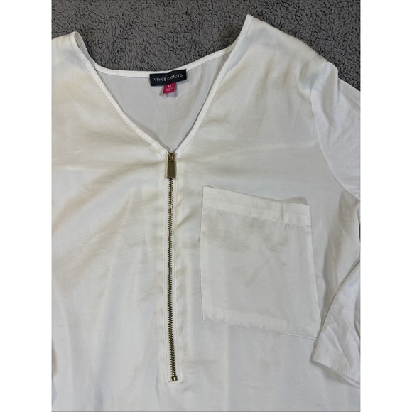 Vince Camuto White Blouse Zipper & Pocket Size M Long Roll Sleeve - Picture 2 of 9